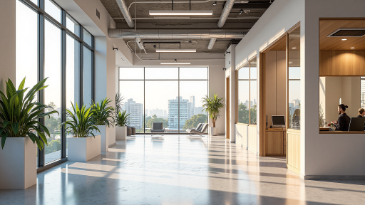 杭州时烬科技有限公司办公环境，现代化办公室内景，员工正在工作，明亮自然光