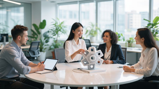 技术团队工作会议场景，四名技术人员围坐讨论，白色背景，明亮自然光