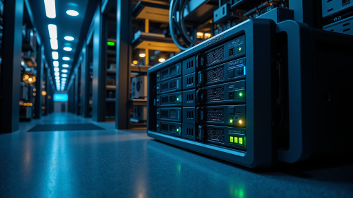 现代化数据中心服务器机房，整齐排列的服务器设备，蓝色指示灯闪烁，科技感强